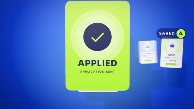 Job search app cards for different professions saved and applied with match scores, seamless loop