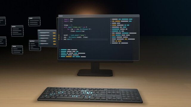 AI coding workspace with holographic code panels expanding around a monitor as an image is generated