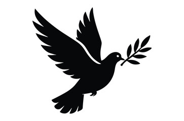 Fototapeta premium Dove carrying an olive branch black silhouette on a white background