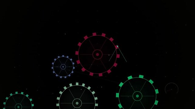 Bright neon gear outlines rotate against a dark starry looping black background