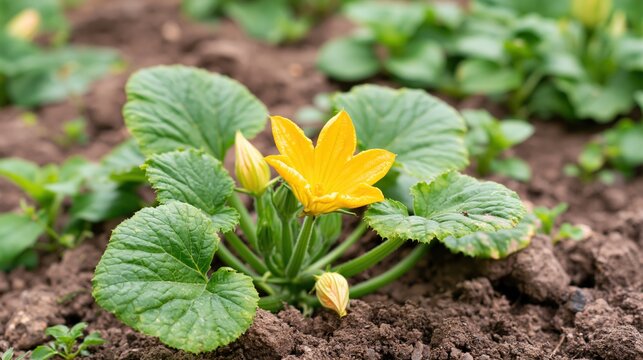 Yellow squash blossom unfurls on a green plant growing in garden soil.