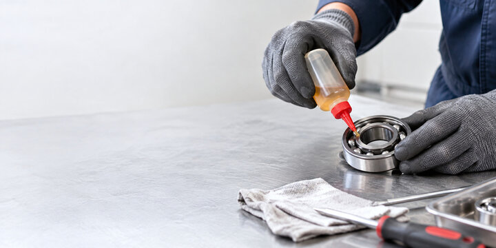 Technician lubricating detached metal bearing