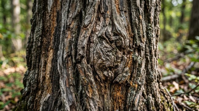 Close up view of weathered old tree trunk showing rough textured bark patterns and natural wood grains in a peaceful deciduous woodland environment