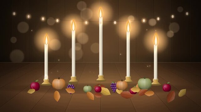 Thanksgiving candle centerpiece with gourds apples and string lights