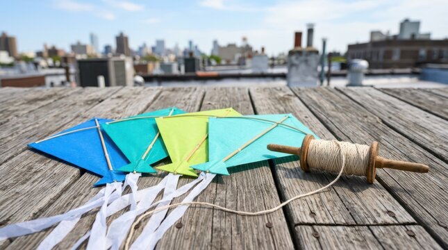Colorful paper kites with wooden spool string laid out on a weathered rooftop wooden deck with urban city skyline background rooftop view