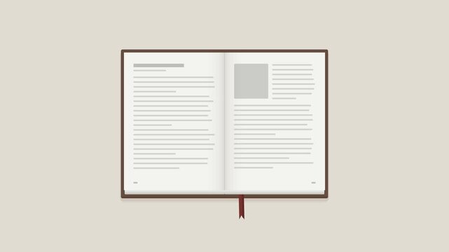 Open book with pages flipping from right to left, top view hardcover book with ribbon bookmark on beige, flat seamless loop