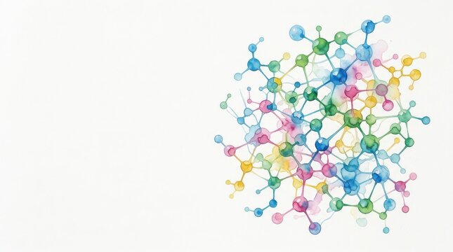 Colorful watercolor molecular structure background design vector illustration featuring abstract connected spheres and chemical bonds for science