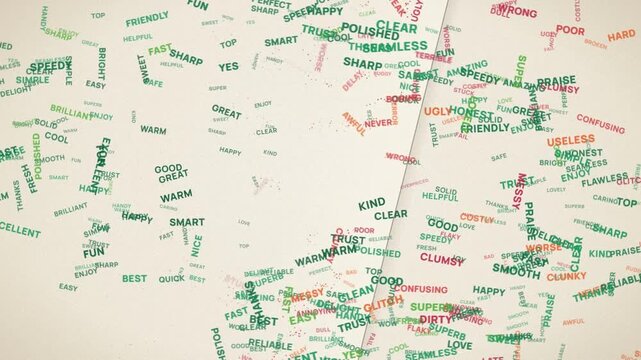 Positive feedback words form a smiley face as negative words fade away in kinetic typography