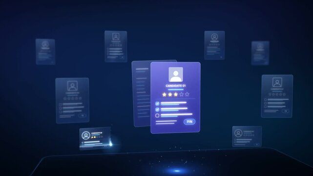 Candidate profile cards rated with stars as top candidate is selected in holographic hiring interface