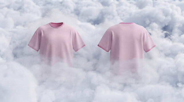 Blank pink ringer t-shirt mockup floating inside dense white clouds under bright daylight