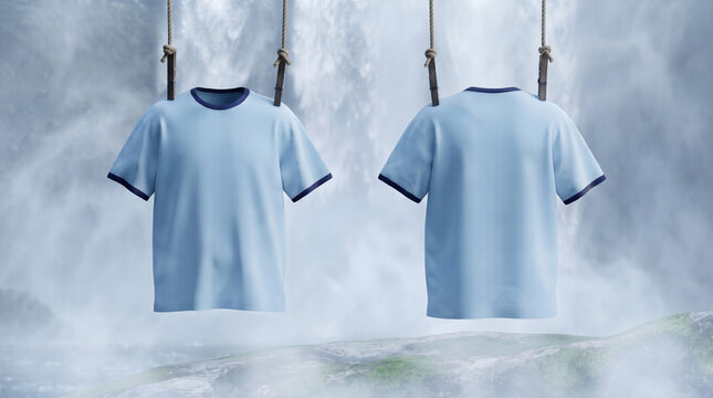 Blank light blue ringer t-shirt mockup hanging on ropes against misty waterfall backdrop