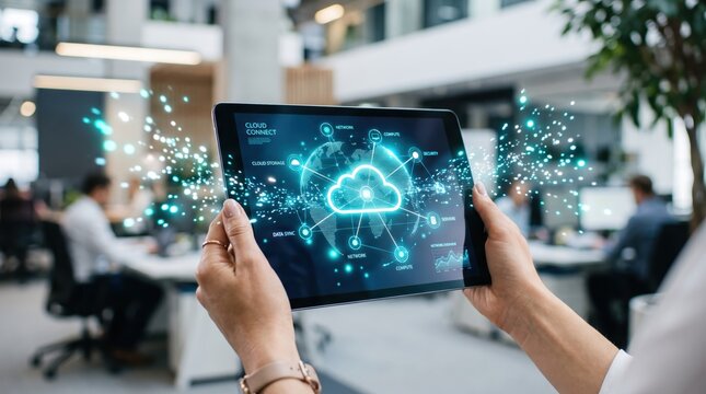 Hands holding tablet displaying cloud computing network diagram with data synchronization icons in modern office background.