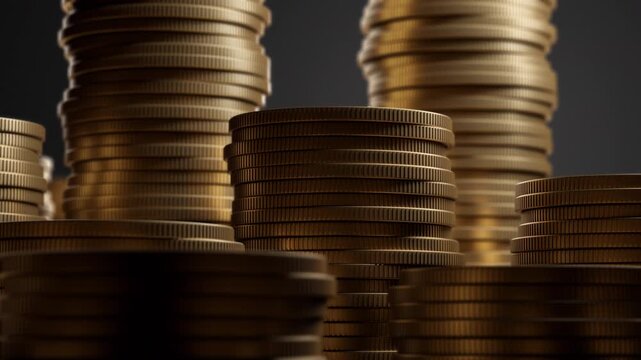 Rows of golden coins stacked in the dark. Savings, banking account and financial growth