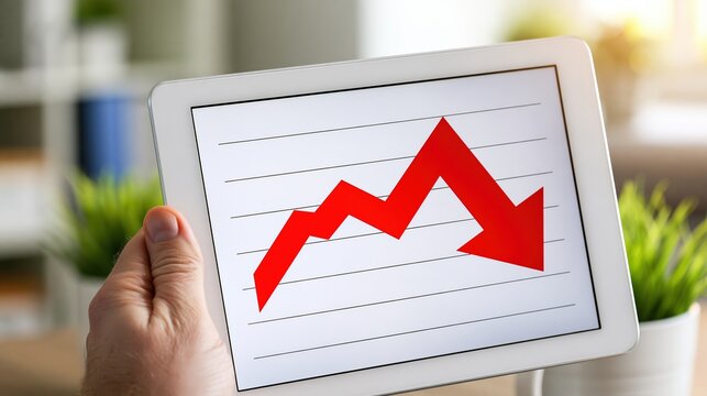 Hand holding tablet showing red declining financial graph arrow