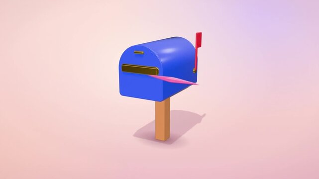 Blue mailbox receives flying envelopes, raises its red flag and opens to reveal new mail