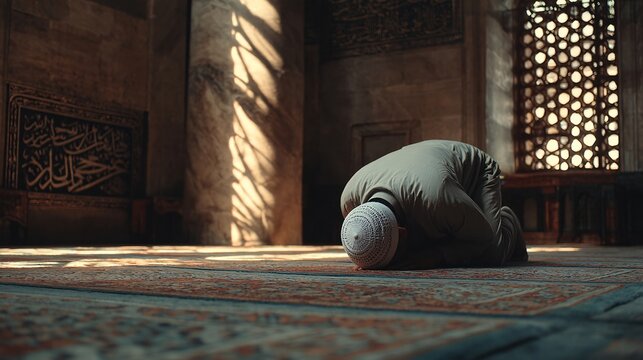 Man kneeling in prayer on a patterned carpet inside a historical building with stone columns