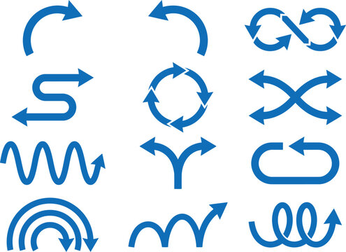 Curved arrow icons set in flat blue vector style featuring spiral arcs circular loops bouncing curves wave trajectories split paths infinity turns on a plain white background