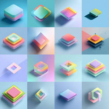 カラフルな立体層と抽象幾何学図形の3Dアイコンセットのイラスト ビジネス 菱形 資格 パステル デジタル 立体 UI ピクトグラム データ プレゼン