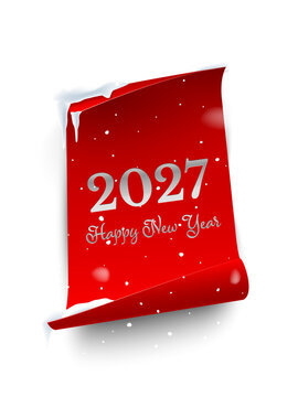 2027 Happy New Year greeting card vector illustration. Festive Christmas social media banner. Silver text on red sticker with curved edges isolated on snowfall backdrop