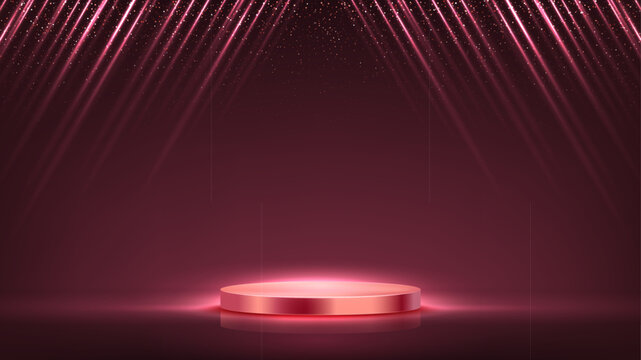 Award background. Winner podium on red pink stage with falling glowing angled light beams with sparkling particles. Elegant luxury vector backdrop for presentation, winner ceremony