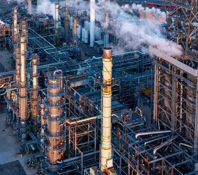 Aerial view of an oil refinery with tall industrial towers, complex piping systems, and smoke rising into the sky in Detroit, Michigan, United States.