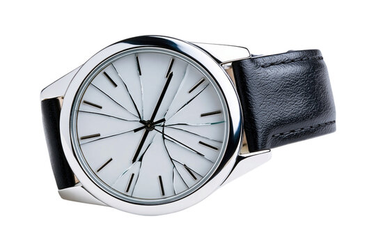 Broken wristwatch with cracked glass isolated on transparent background PNG cutout