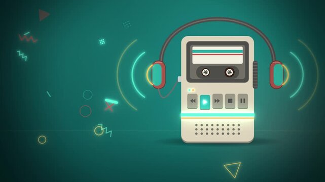 Retro portable cassette player with headphones seamless loop