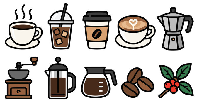 Coffee and Cafe Beverage Icon Set with Coffee Beans and Brewing Equipment