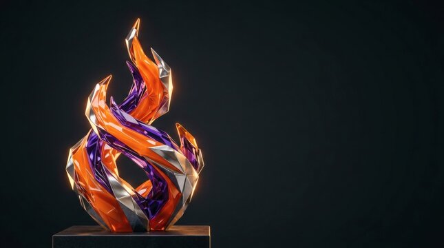 Geometric fire sculpture featuring orange and purple translucent crystals on dark stand for artistic lighting displays.