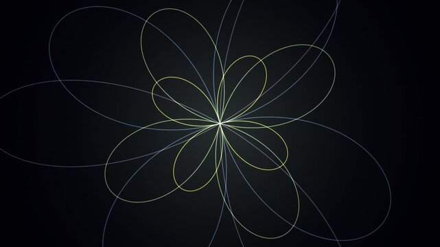 Delicate pale gold and blue geometric lines converge at a central point to create a radial flower pattern on a deep black background