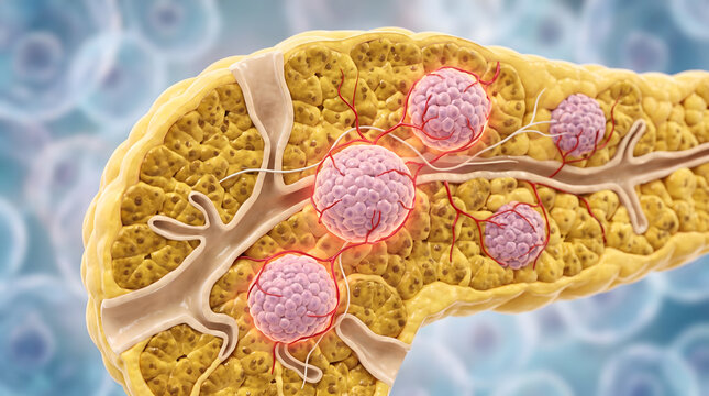 A detailed medical illustration depicting pancreatic cancer, showing the development of malignant tumors within the human pancreatic tissue, complete with blood vessels and surrounding cellular str...