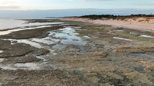 Vue a&eacute;rienne d'une plage &agrave; mar&eacute;e basse sur l'&iuml;le-de-R&eacute;, vacances nature et paysages de mer sur le littoral