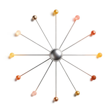 Polished platinum node with ten delicate radiating wires and colorful bead terminals isolated on transparent background
