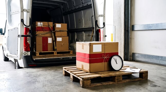 White delivery van loaded with cardboard packages parked at a warehouse loading dock with a wooden pallet holding a box and a clock symbolizing fast shipping service