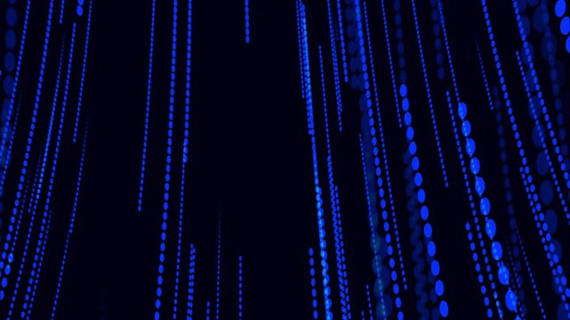 Particle streams animation cascades downward in parallel bands. High speed digital telecommunication data drives active particle streams animation. Cyber hubs use streams.