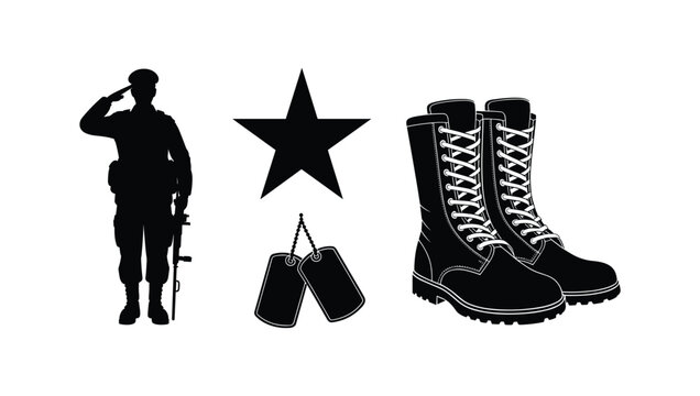 Military Tribute: A solemn silhouette of a soldier saluting, accompanied by a star, dog tags, and combat boots, evokes a powerful sense of respect and remembrance for military service and sacrifice.