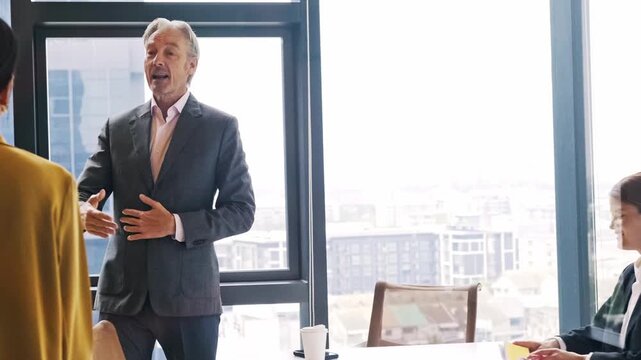 Senior executive discusses work with two female colleagues in a bright office, showing leadership, teamwork, communication, planning, strategy, mentoring and professional collaboration.