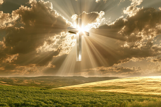 A cross stands out in the clouds as sunlight breaks through during the evening. The scene features a wide, open field and distant hills