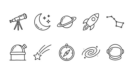Minimalist astronomy line icons set, 10 space exploration symbols, black thin line planet and galaxy graphics for science education and web design © haseeb