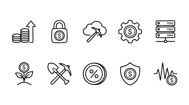 Cryptocurrency and fintech line icon set, 10 minimalist black and white finance symbols, digital currency mining and investment graphics for web design