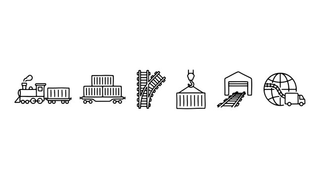 Rail transport and logistics icon set, 6 minimalist line icons of freight trains, shipping containers, railroad tracks, and global delivery symbols.