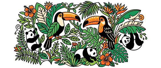 Fototapeta premium Cute pandas and toucans in a lush jungle illustration