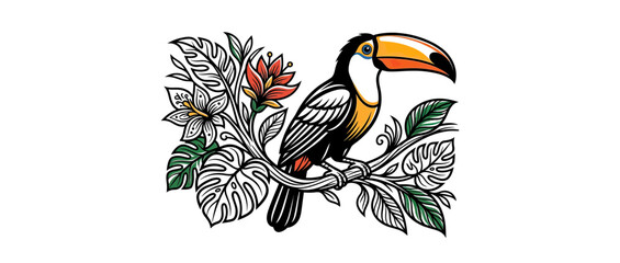 Fototapeta premium Exotic Toucan Bird Perched on Tropical Foliage Branch