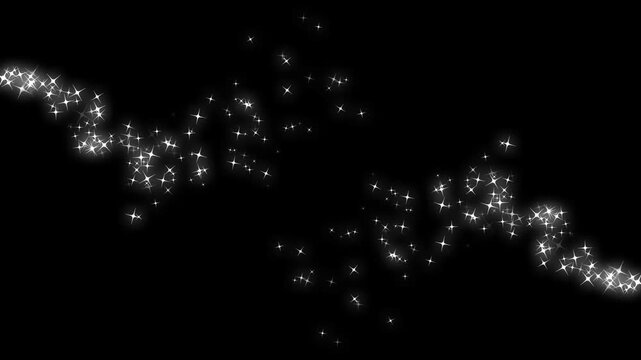 Luxury white glitter sparkles line trail, cartoon doodle sparkles, blinking cartoon shine stars, magic dust and pixie dust path, fairy dust glitter stars trail transition on black screen. 4k video