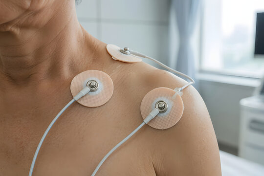 Close-up of ECG electrode pads and wires on collarbone and shoulder of older adult for cardiac stress test