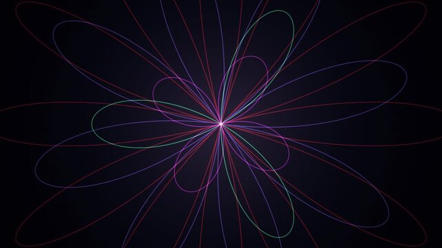 Vibrant multicolored curved lines form a radial abstract flower pattern against a dark background