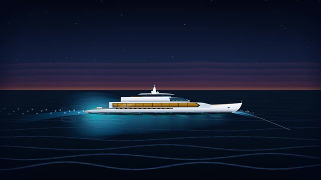Luxury Superyacht Sailing Twilight Ocean with LED Glow Vector Animation Loop