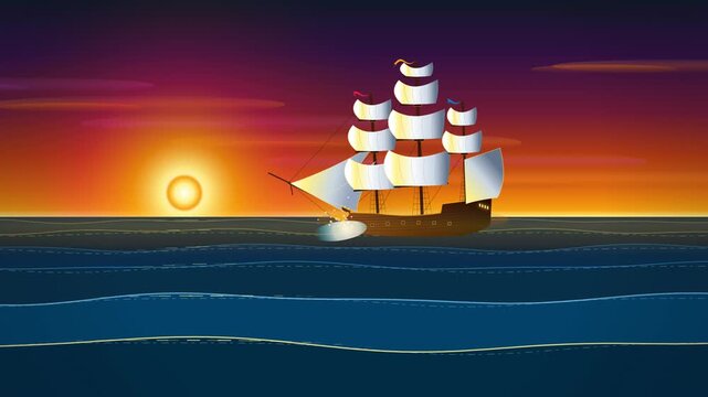 Majestic Tall Ship Galleon Sailing Golden Sunset Ocean Vector Animation Loop