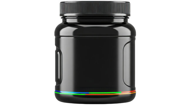 Black plastic supplement jar with colorful base stripes isolated on