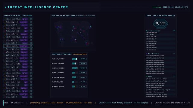 Explore a detailed Threat Intelligence Dashboard featuring Malicious Domains, IPs, Campaigns, and Indicators with vibrant colors and a sleek, technical design.